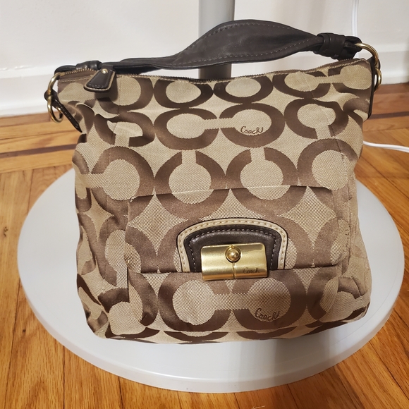 Coach  Satin Cristi Signature  Brown and Cream Patterned Hobo/shoulder Bag Women - Picture 1 of 12